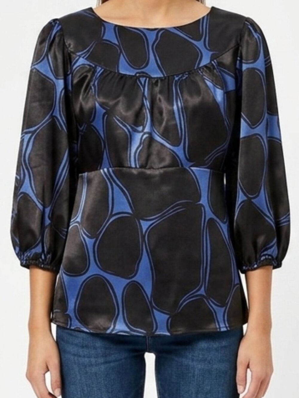 WD.NY Satin Print Pull On Puff Sleeve Blouse- Sz. Sm